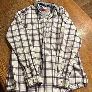 White with purple stripes men’s large wrangler button down!